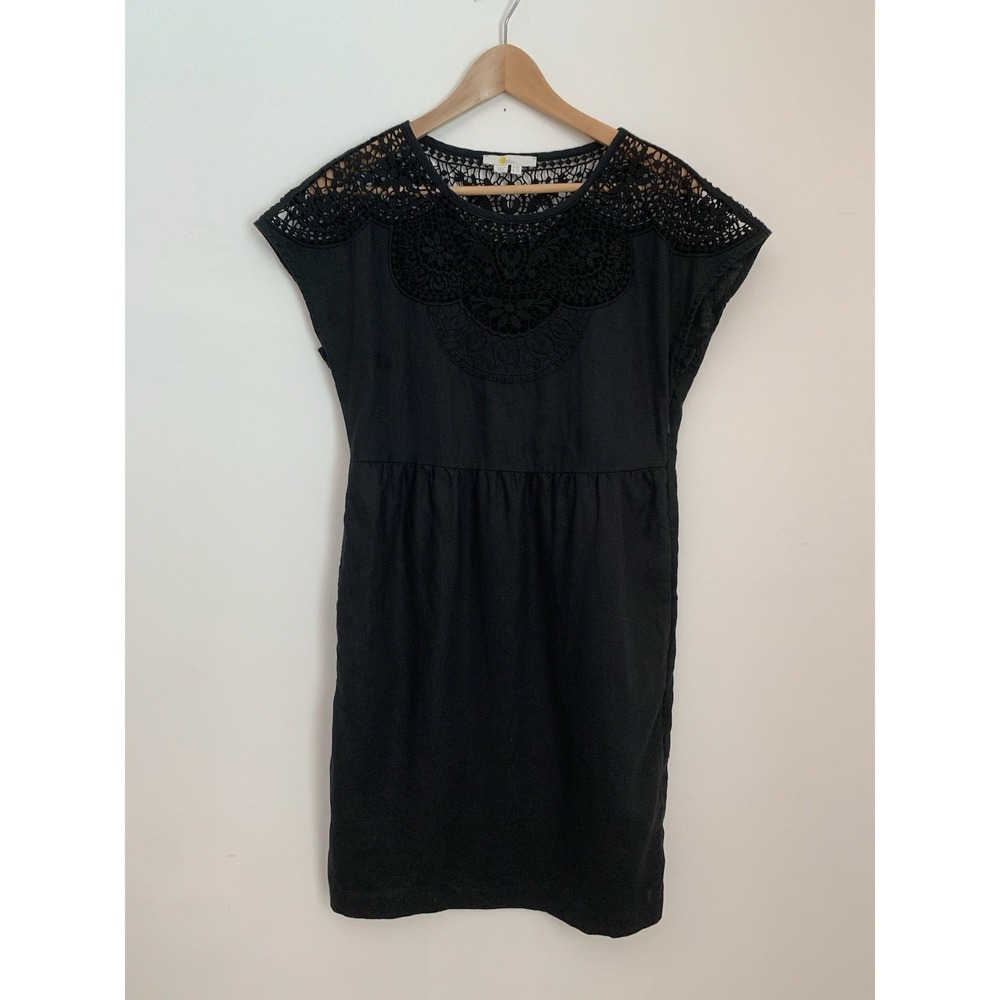 Boden Fleur Dress Linen UK 8 US 4 Crochet Embroidery Black Cap Sleeve LBD Classy